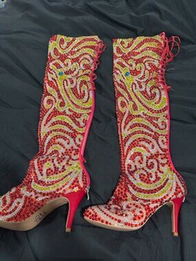 Burju Rhinestone Crystal Knee High Stiletto Boots Size 9 RARE